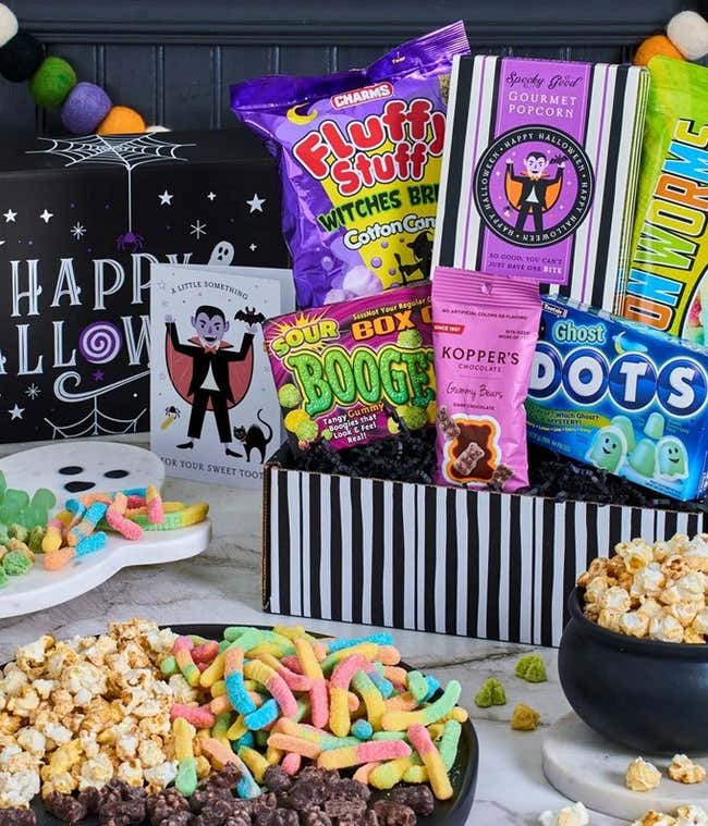 Halloween Gift Box with Spider Web cotton candy, Halloween Junior Mints, Plain M&amp;M's, Gummy worms, and popcorn