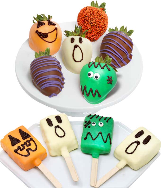 Halloween chocolate covered crispy pops and strawberries