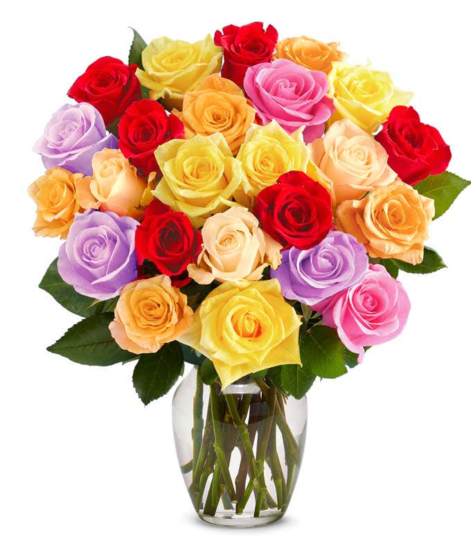 Gift set featuring two dozen vibrant rainbow roses, with optional glass vase and personalized message. Perfect for seeking forgiveness with sincerity.