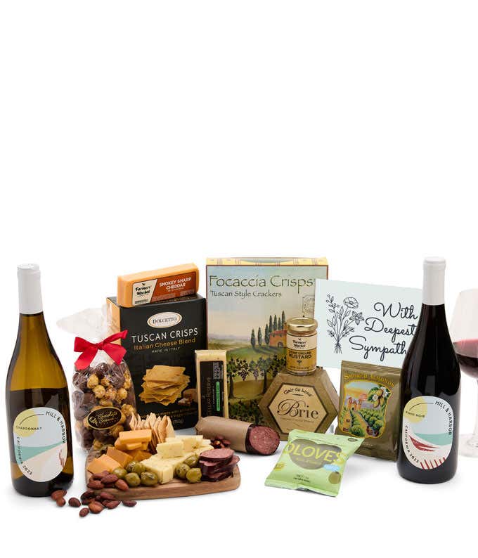 An abundant gift box filled with California Pinot Noir and Chardonnay, assorted crackers, three cheeses, summer sausage, and snacks with a Sympathy Card. 
