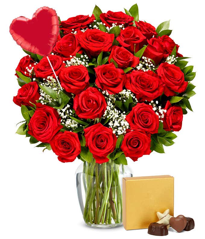 Two Dozen Red Roses + Heart Balloon + Chocolate