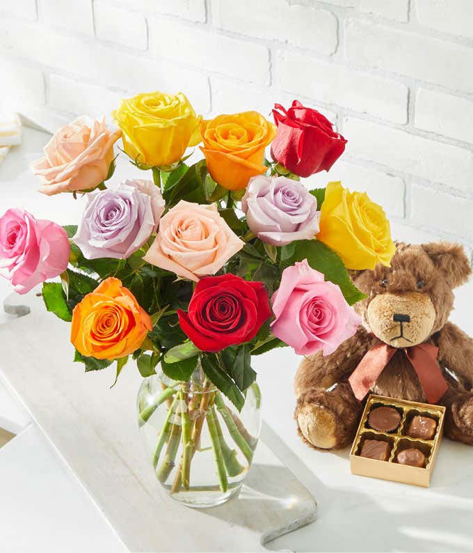 One Dozen Rainbow Roses with Bear & Chocolates