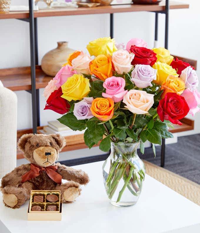 Two Dozen Rainbow Roses with Bear & Chocolates