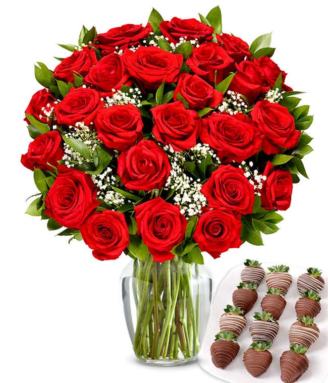 Two dozen red roses with one dozen chocolate covered strawberries.