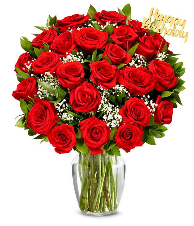 Red roses with baby's breath arranged with a gold Happy Birthday pick