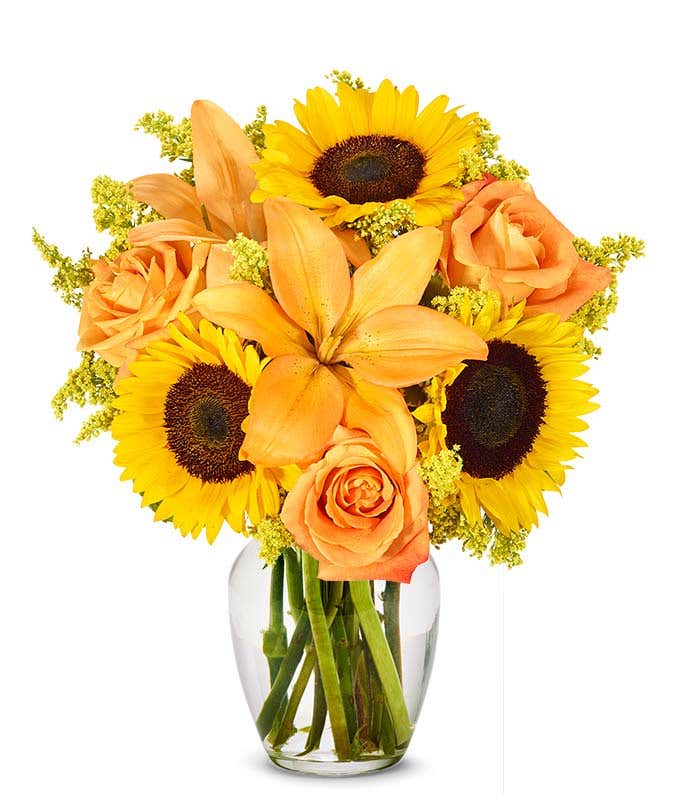 A vibrant floral arrangement featuring sunflowers, orange lilies, yellow solidago, and orange roses, complemented by a personal card message. Optionally presented in a vase.