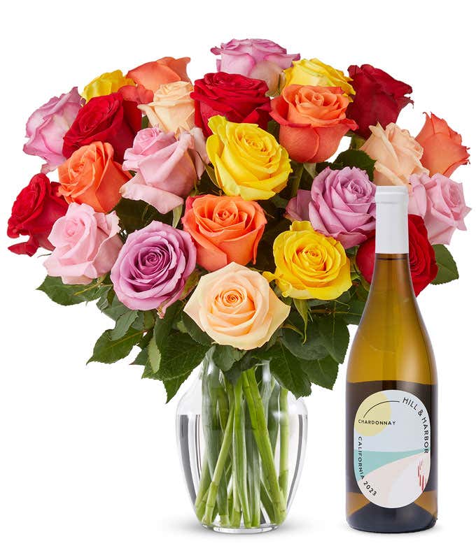 Two Dozen Rainbow Roses with White Wine