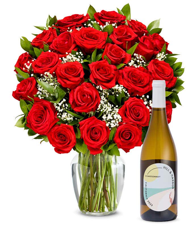 Two Dozen Red Roses with White Wine