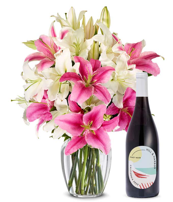 Pink and White Lilies with Red Wine