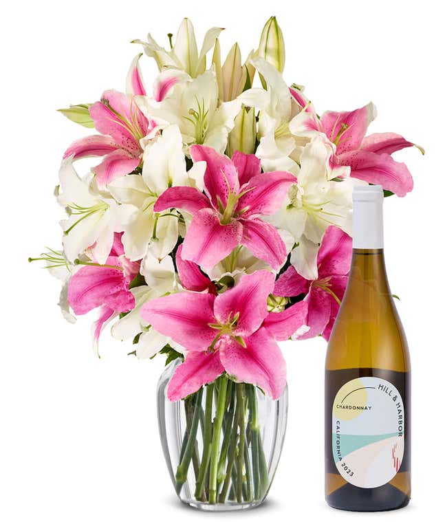 Pink and White Lilies with White Wine