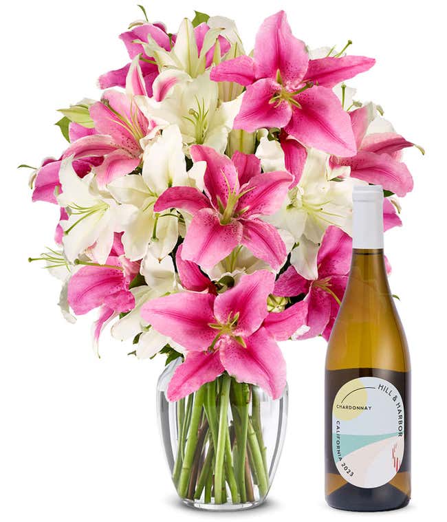 Premium Pink and White Lilies with White Wine