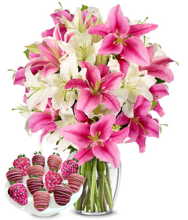 Premium Pink &amp; White Lilies with Chocolate Berries