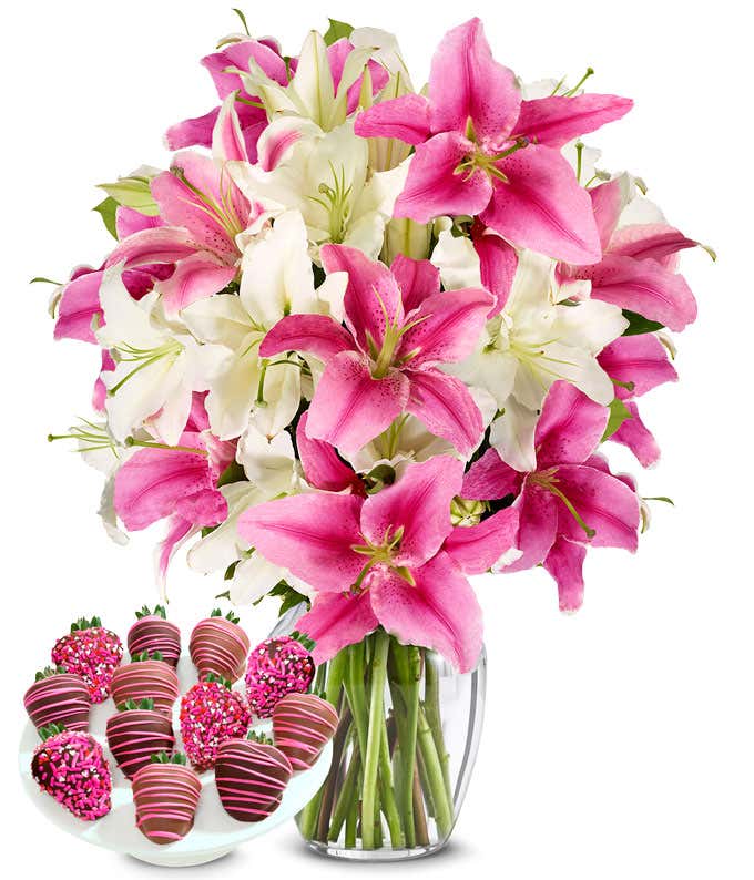 Premium Pink & White Lilies with Chocolate Berries
