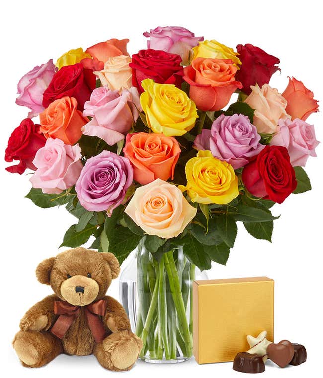 Two Dozen Mixed Valentine's Day Roses with Chocolates and a Bear