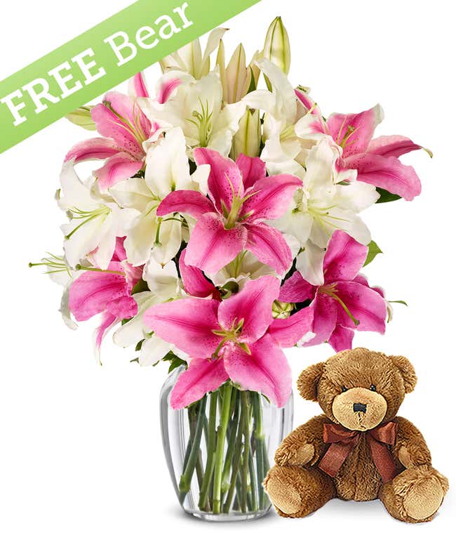 Pink and White Lilies with Free Bear