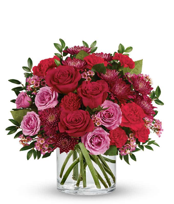 Valentine red rose, red carnation and purple chrysanthemums bouquet