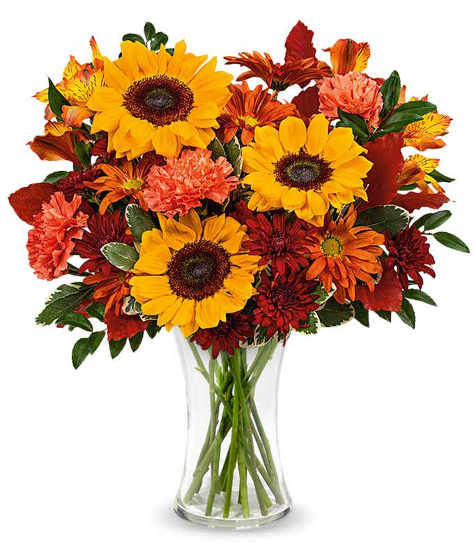 A cheerful floral arrangement featuring yellow sunflowers, orange carnations, orange alstroemeria, bronze daisy spray chrysanthemums, bronze cushion spray chrysanthemums, huckleberry, variegated pittosporum, and burgundy copper beech, all beautifully disp