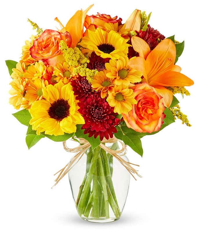 Bright autumn bouquet with sunflowers, orange lilies, orange roses, burgundy poms, yellow solidago, and butterscotch daisies in a clear glass vase tied with a raffia bow.