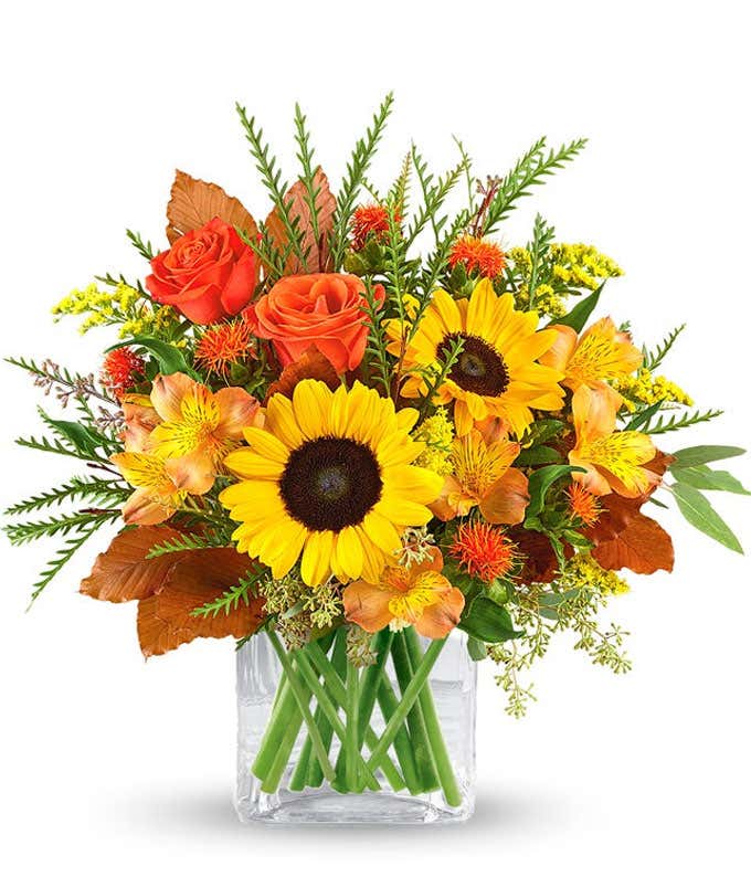 Fall bouquet with sunflowers, orange roses, yellow-orange alstroemeria, safflower, solidago, and seasonal greenery arranged in a clear glass cube vase with autumn oak leaves.