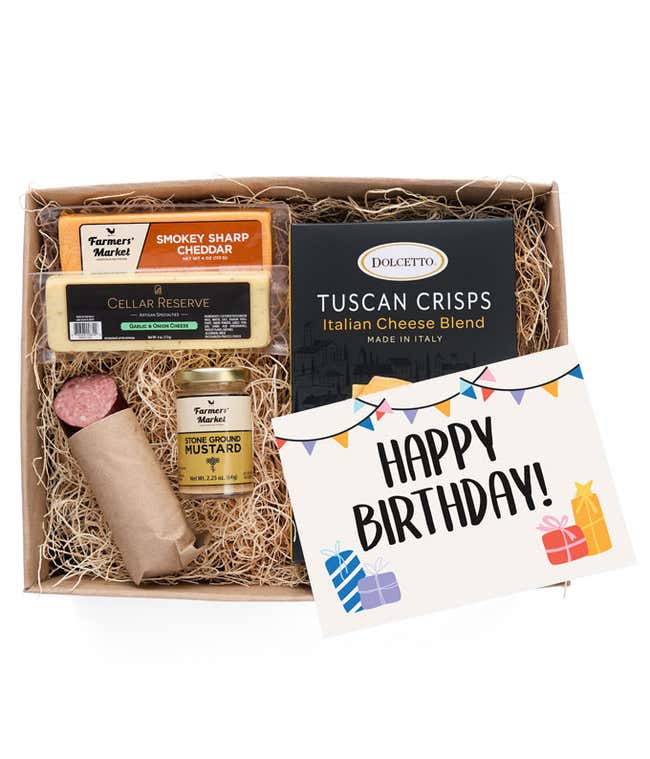 A charcuterie box with two types of cheese, crackers, stone-ground mustard, a summer sausage and a cheerful Happy Birthday message card.