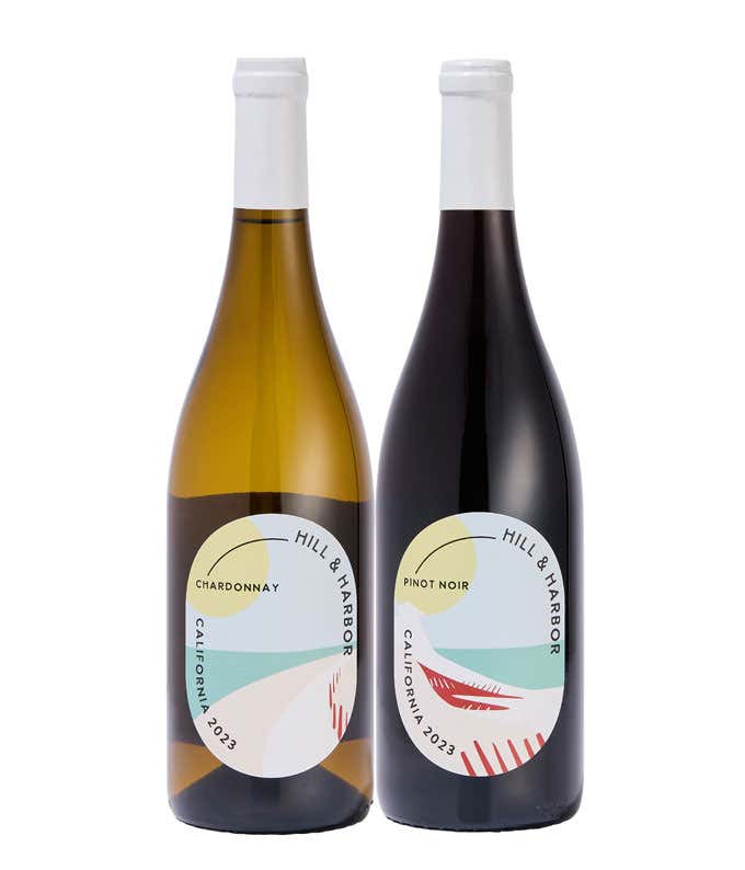 A two pack of Hill & Harbor California wine containing a bottle of Pinot Noir and a bottle of Chardonnay.