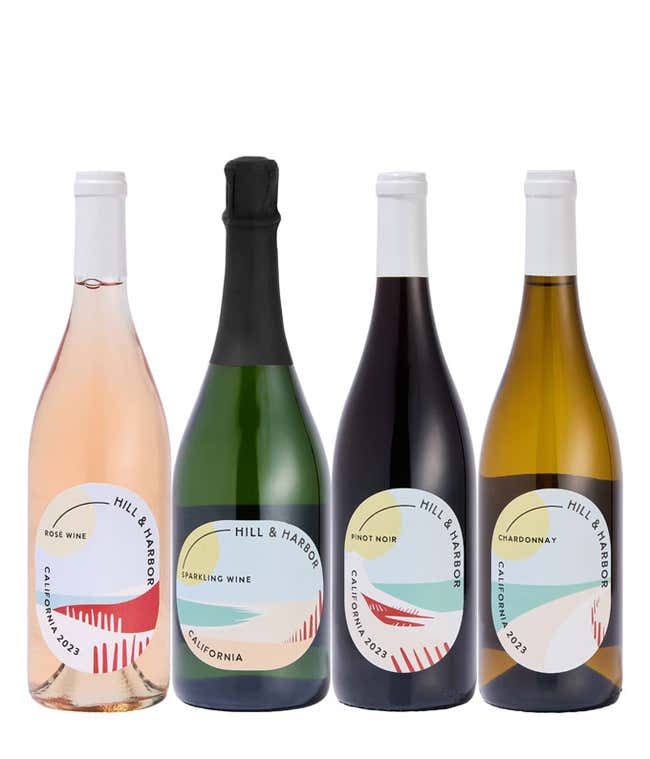 A four pack of Hill &amp; Harbor California wine containing a bottle of Pinot Noir, a bottle of Chardonnay, a bottle of Sparkling Wine and a bottle of Ros&eacute;.