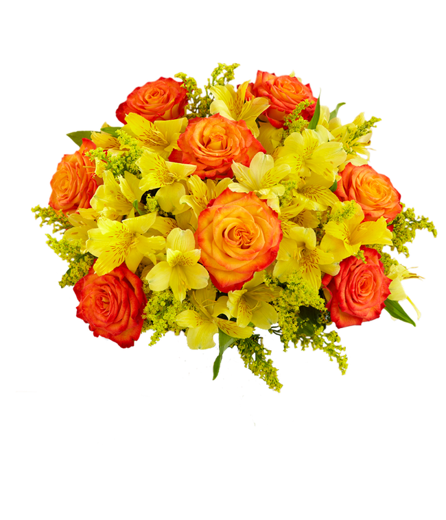 Partial image of A bouquet of yellow alstroemeria, orange roses with lighter orange centers, yellow solidago in a clear vase on a white background. without vase.