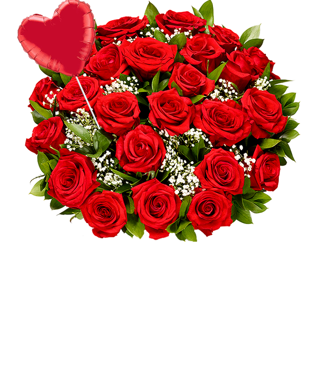 Partial image of Two Dozen Red Roses + Heart Eye Emoji Balloon without vase.