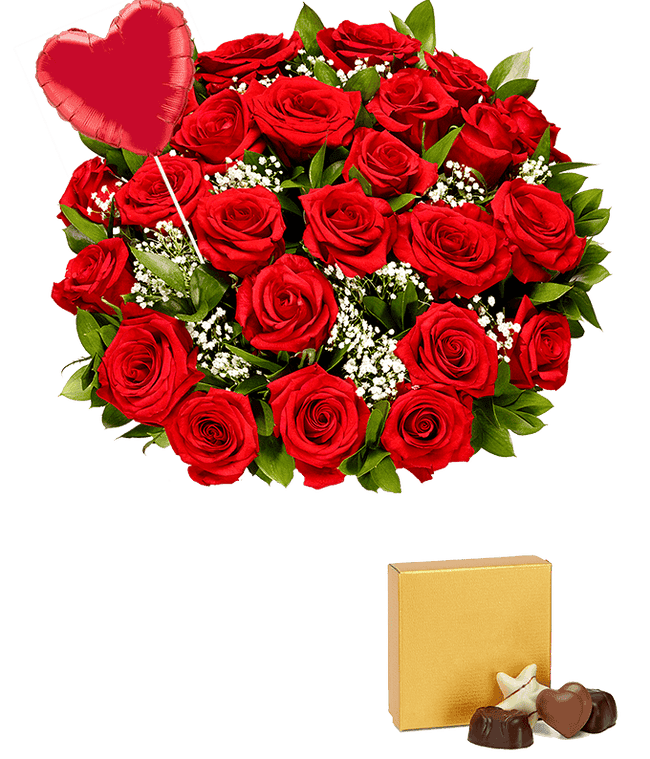 Partial image of Two Dozen Red Roses + Heart Eye Emoji Balloon + Chocolate without vase.