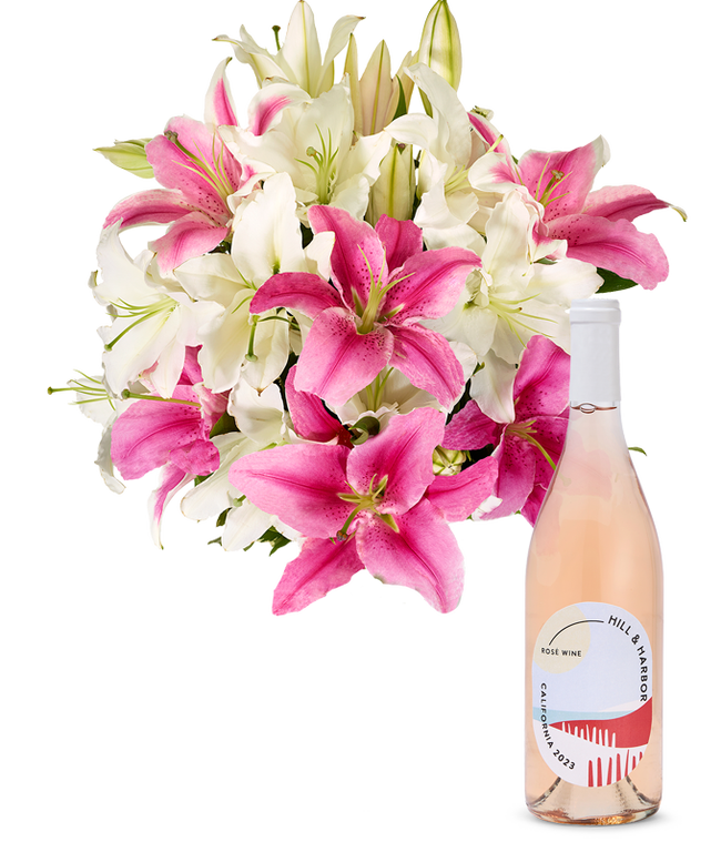 Partial image of Pink and White Lilies with Ros&eacute; Wine without vase.
