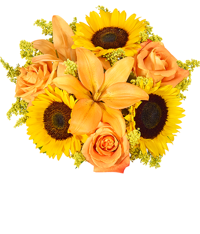 Partial image of A vibrant floral arrangement featuring sunflowers, orange lilies, yellow solidago, and orange roses, complemented by a personal card message. Optionally presented in a vase. without vase.