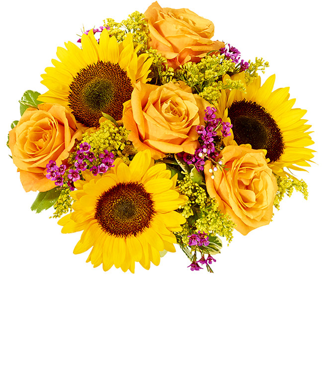 Partial image of  A vibrant floral arrangement featuring sunflowers, orange roses, pink wax flowers, and yellow solidago. without vase.