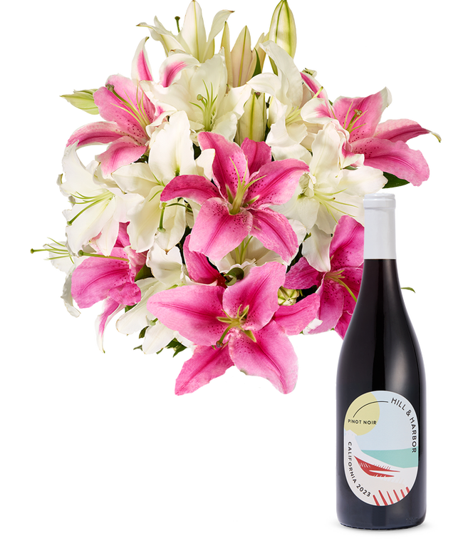 Partial image of Pink and White Lilies with Red Wine without vase.
