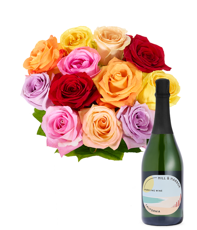 Partial image of One Dozen Rainbow Roses with Sparkling Wine without vase.