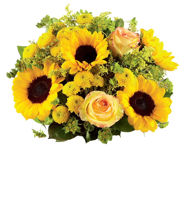 Partial image of A bouquet featuring yellow/orange bi-color roses, sunflowers, yellow button poms, yellow solidago, and bupleurum, with an optional vase. without vase.