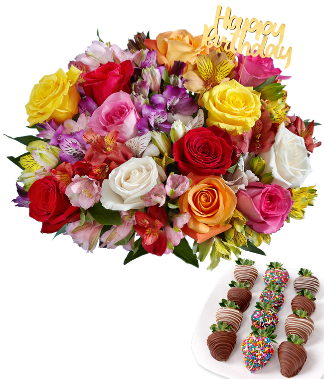 Partial image of Deluxe birthday flower arrangement with mixed roses and vibrant alstroemeria in a clear glass vase, topped with a gold  without vase.